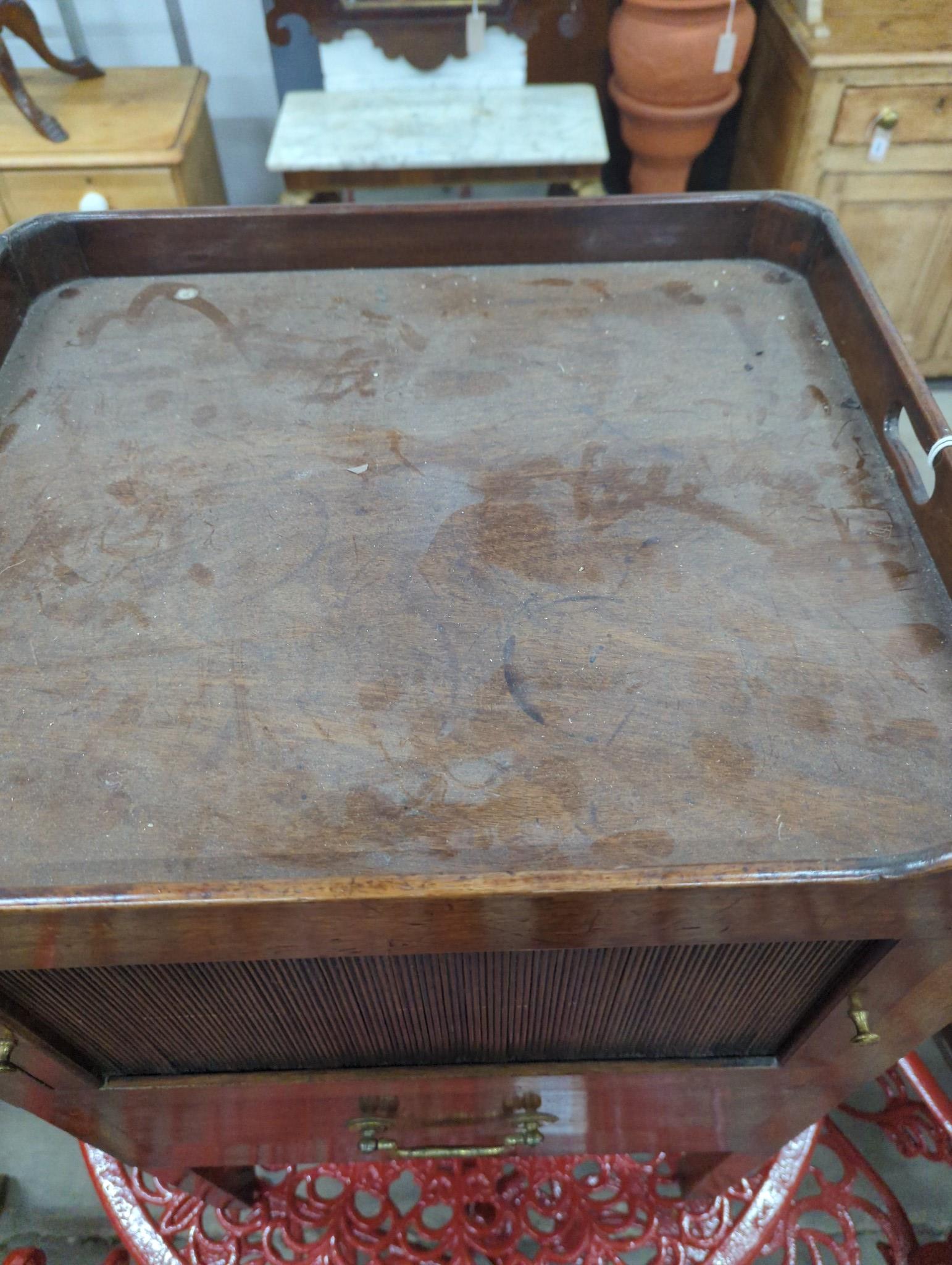 A George III mahogany tray top tambour bedside cabinet, width 49cm, depth 43cm, height 77cm